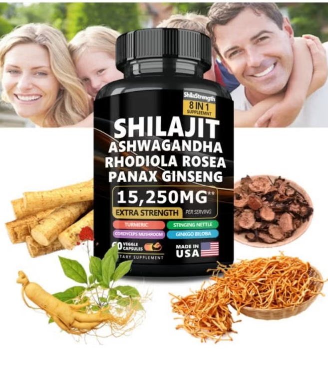 9000MG Pure Himalayan Shilajit, 2000MG Ashwagandha Energy Booster, 1000MG Rhodiola Rosea, 1500MG Panax Ginseng, 500MG Turmeric, 500MG Ginkgo, 250MG Stinging Nettle（Packaging may vary）